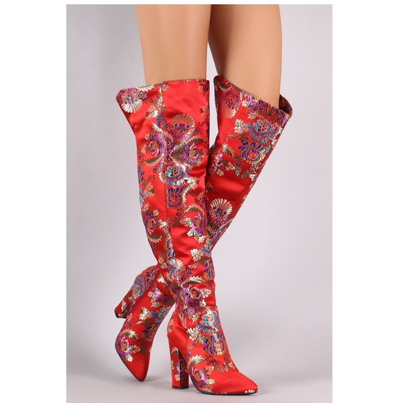 BAMBOO Shoes - Size 5.5-7.5 BAMBOO OverKnee Red Satin Floral Boot